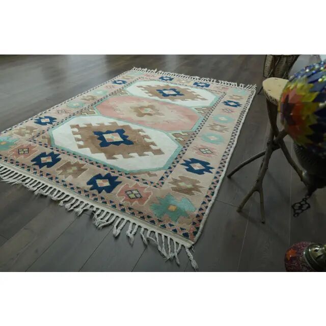 1970s Vintage Turkish Handmade Wool & Cotton Pink Area Rug 165x219