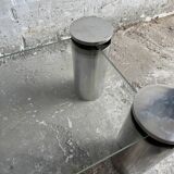 Paire de tables basses modernistes en verre transparent et acier inoxydable brossé, avec pieds cylindriques