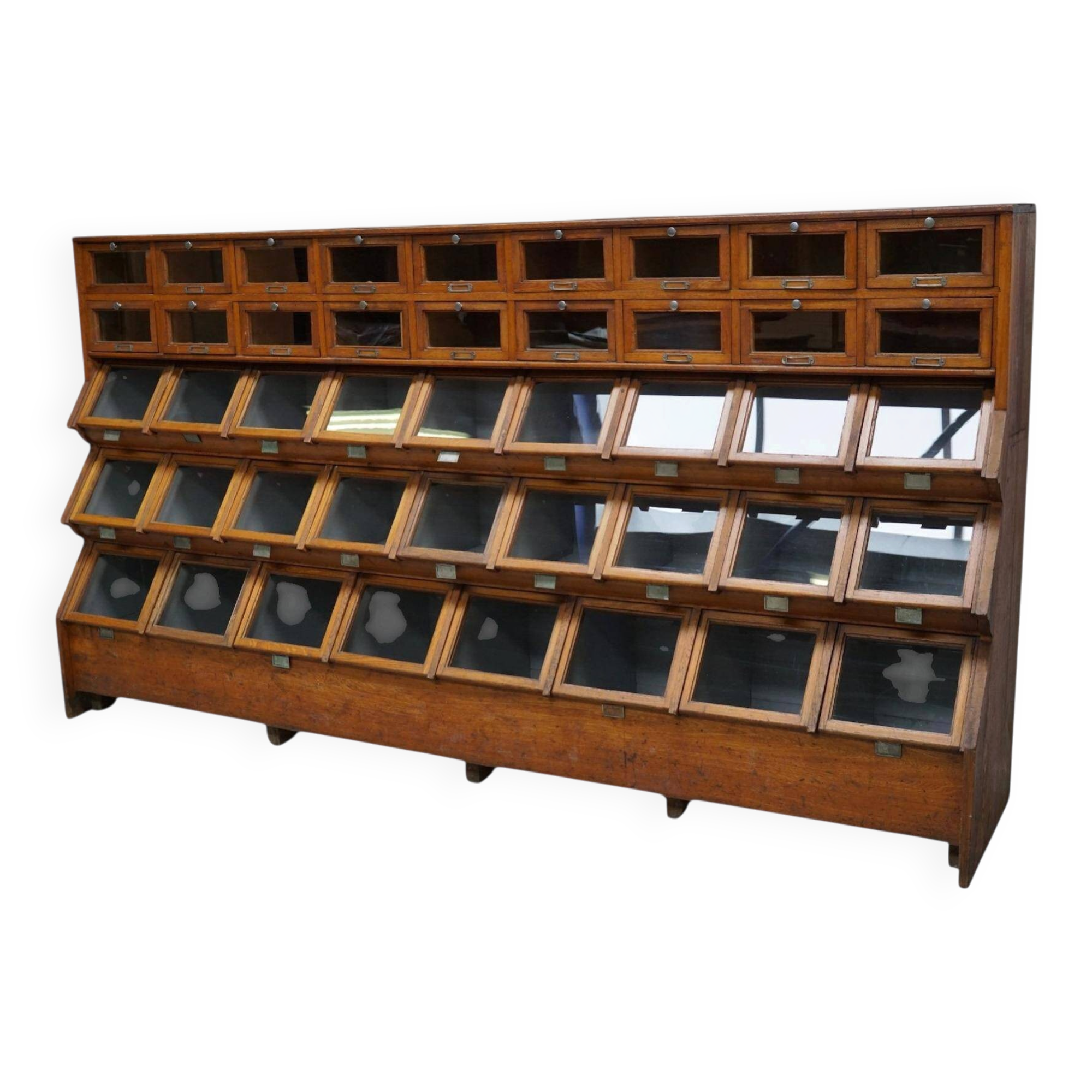 Very large Dutch oak showcase for grocery or haberdashery, 1920s-1930s