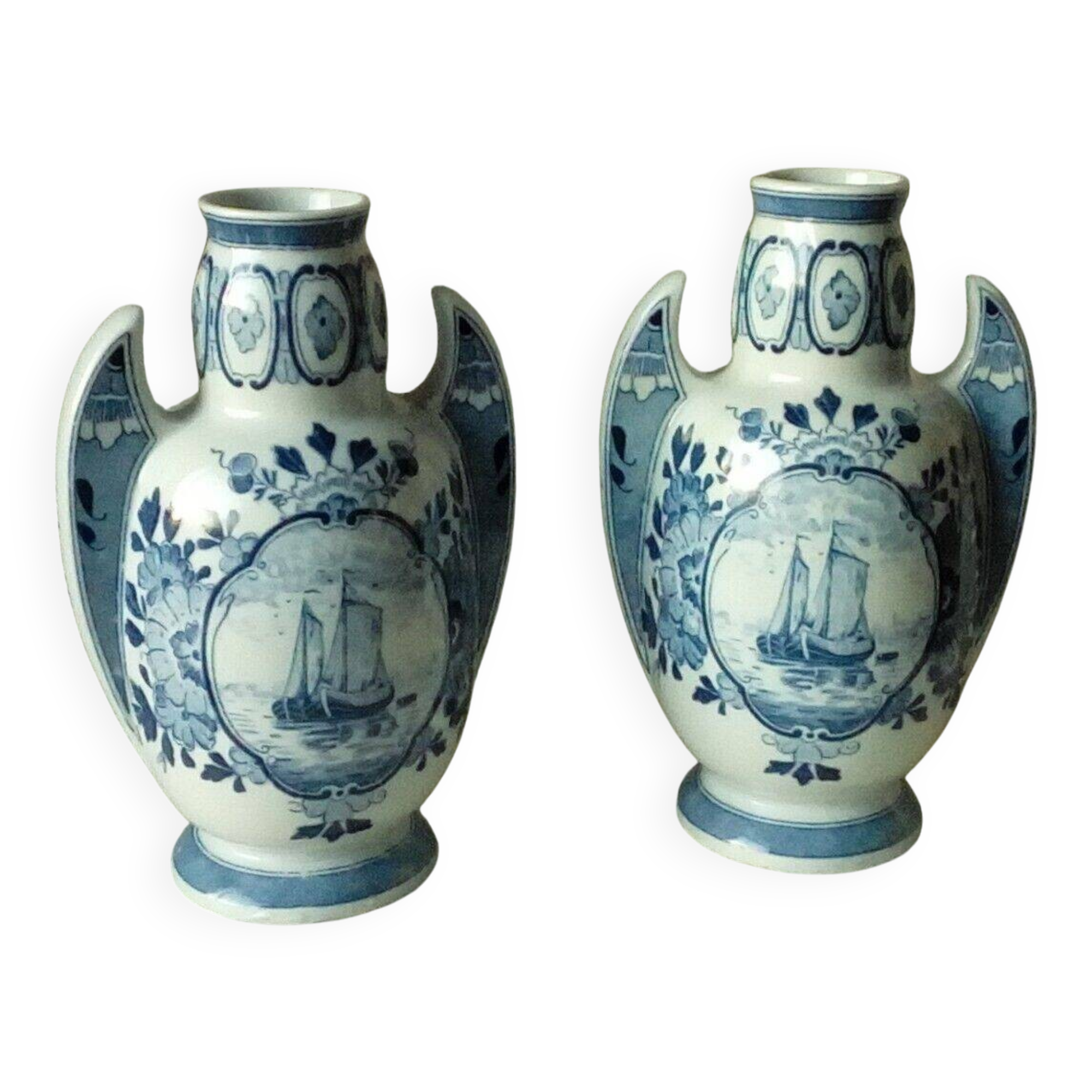 Pair of delft earthenware vases from holland with marine boat decor