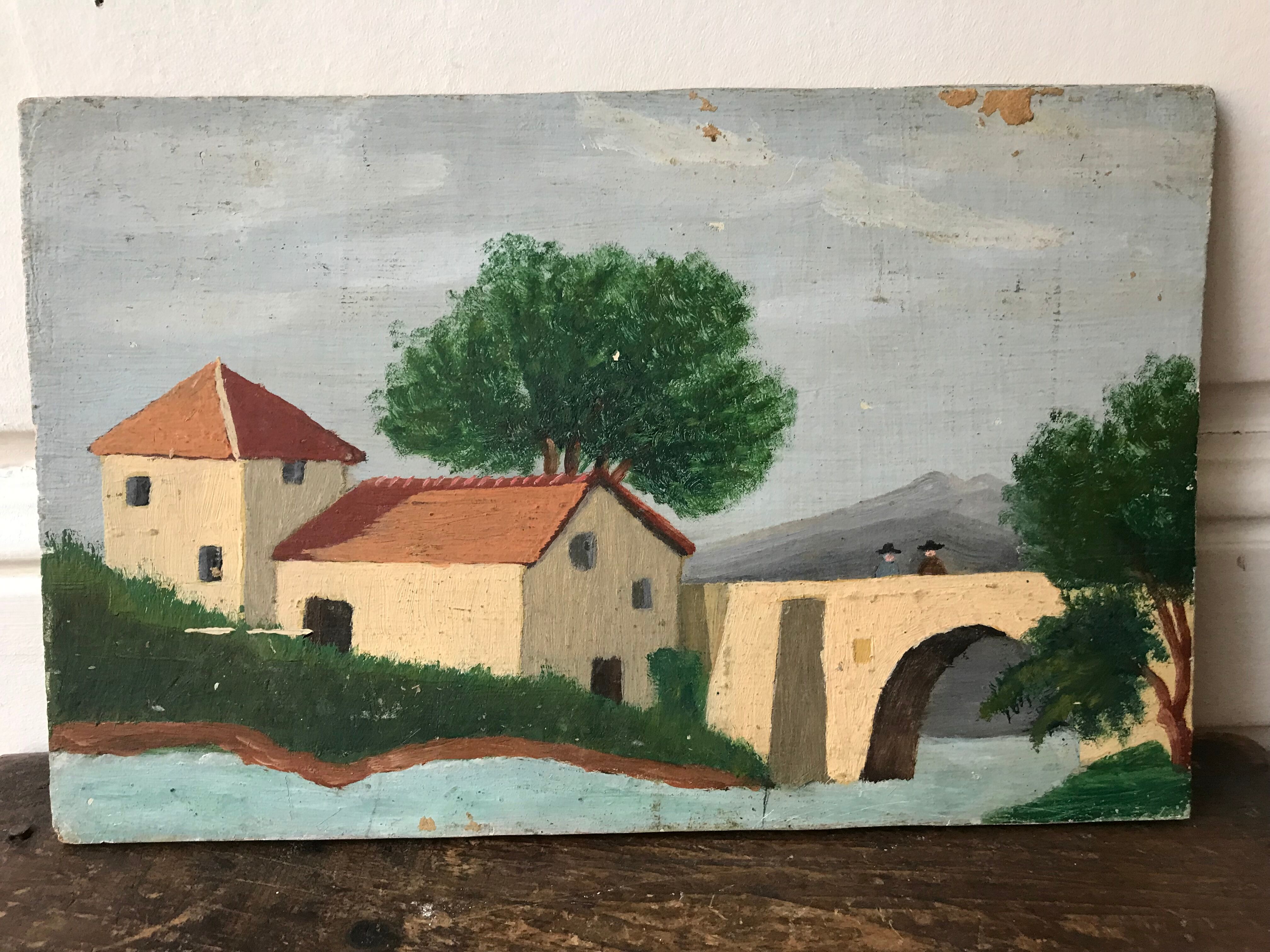 Painting oil old naïve landscape