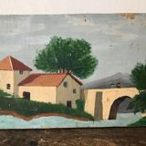 Peinture huile ancienne paysage naïf