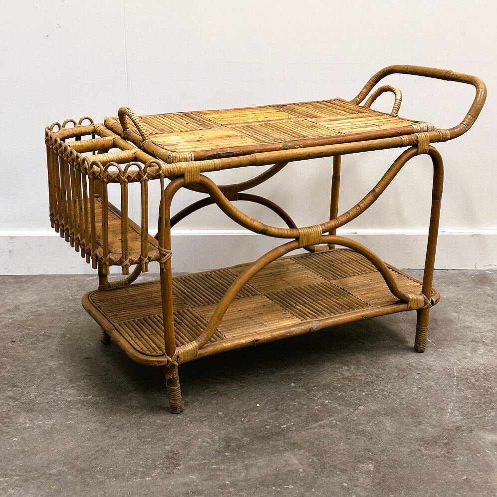 Rare large French Riviera rattan bar cart with bottle holder, 1960s