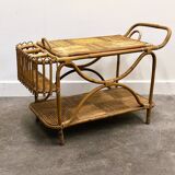 Rare large French Riviera rattan bar cart with bottle holder, 1960s