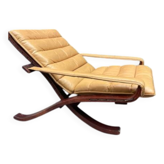 Pair of folding rosewood leather armchairs