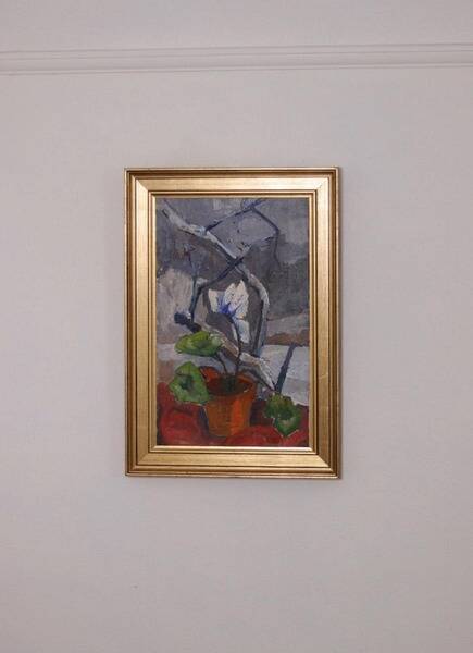 Original Swedish oil on canvas – “Winter Cyclamen” by Majken Bergvin (1922–2012) – 1965 – vintage & framed – 62 × 43 cm