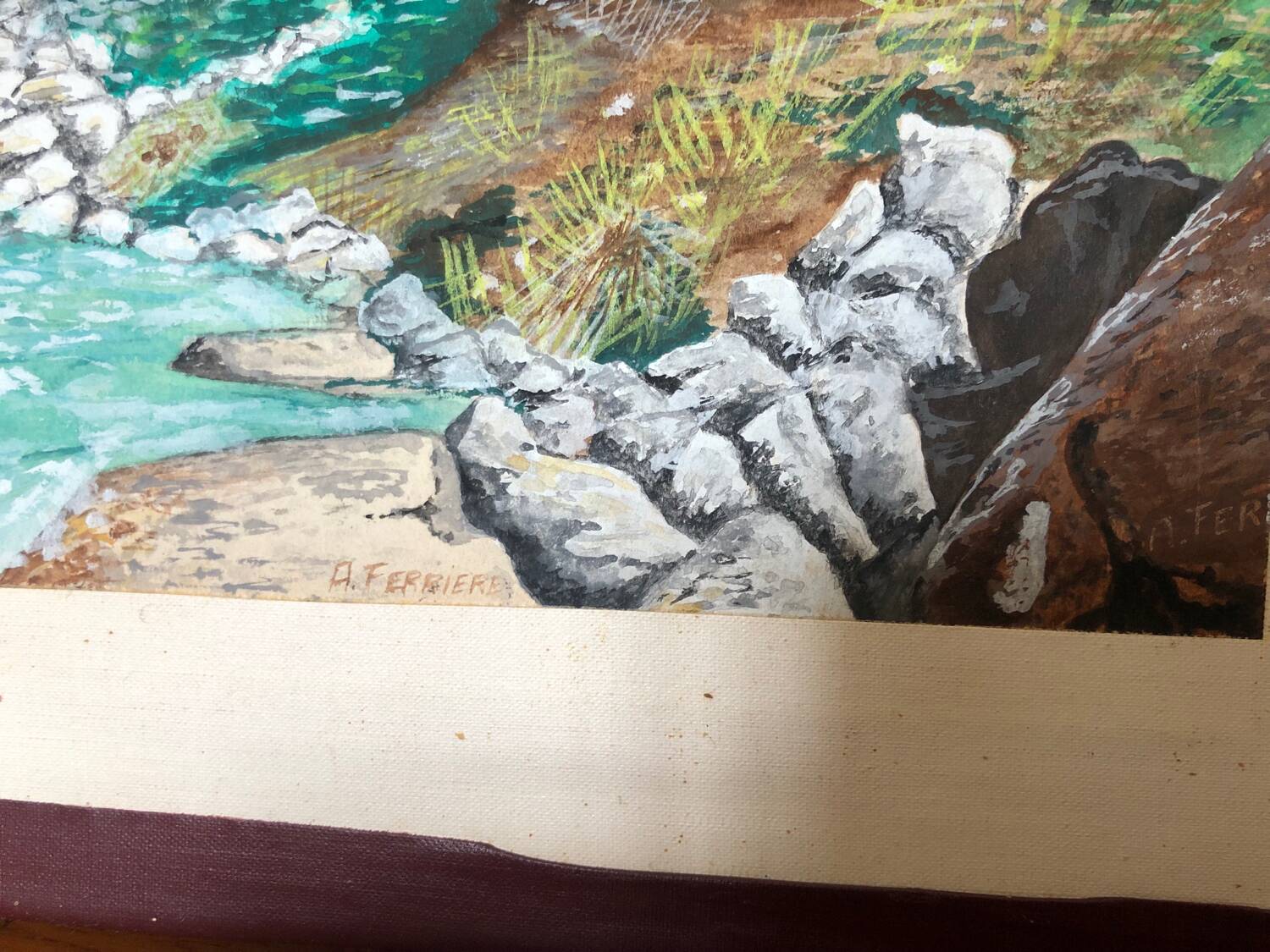 Framed drawing painting mountain village