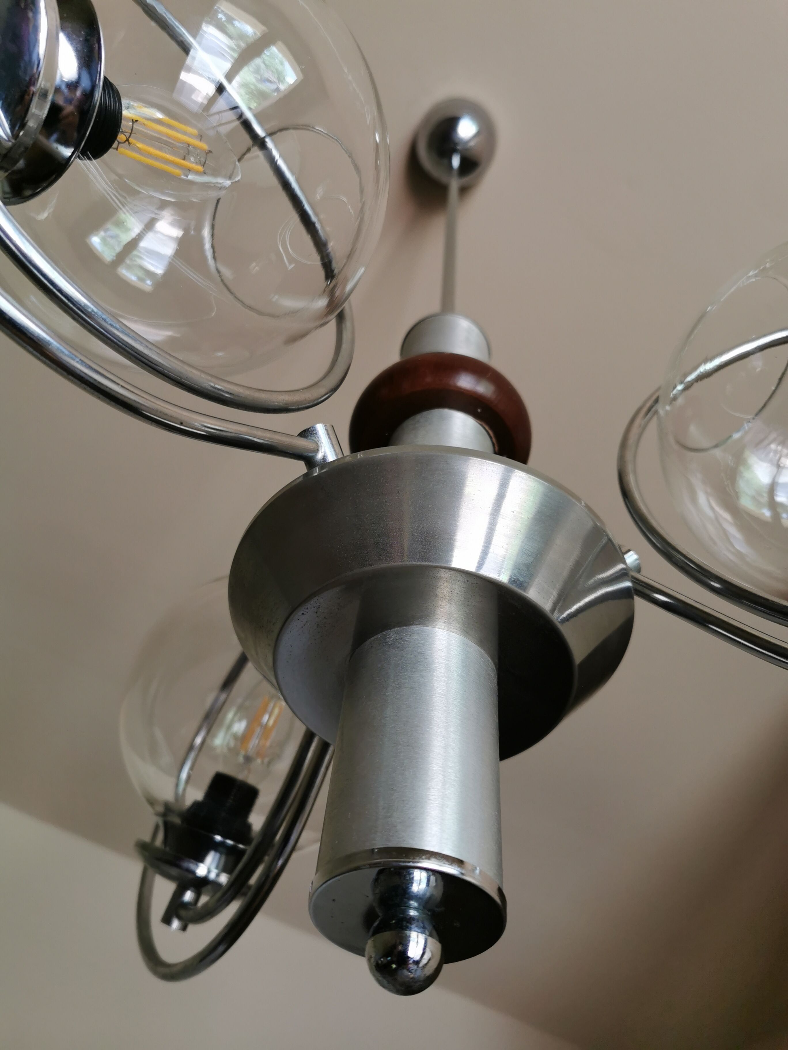 Vintage chrome metal chandelier, wood and 3 glass globes