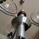 Vintage chrome metal chandelier, wood and 3 glass globes