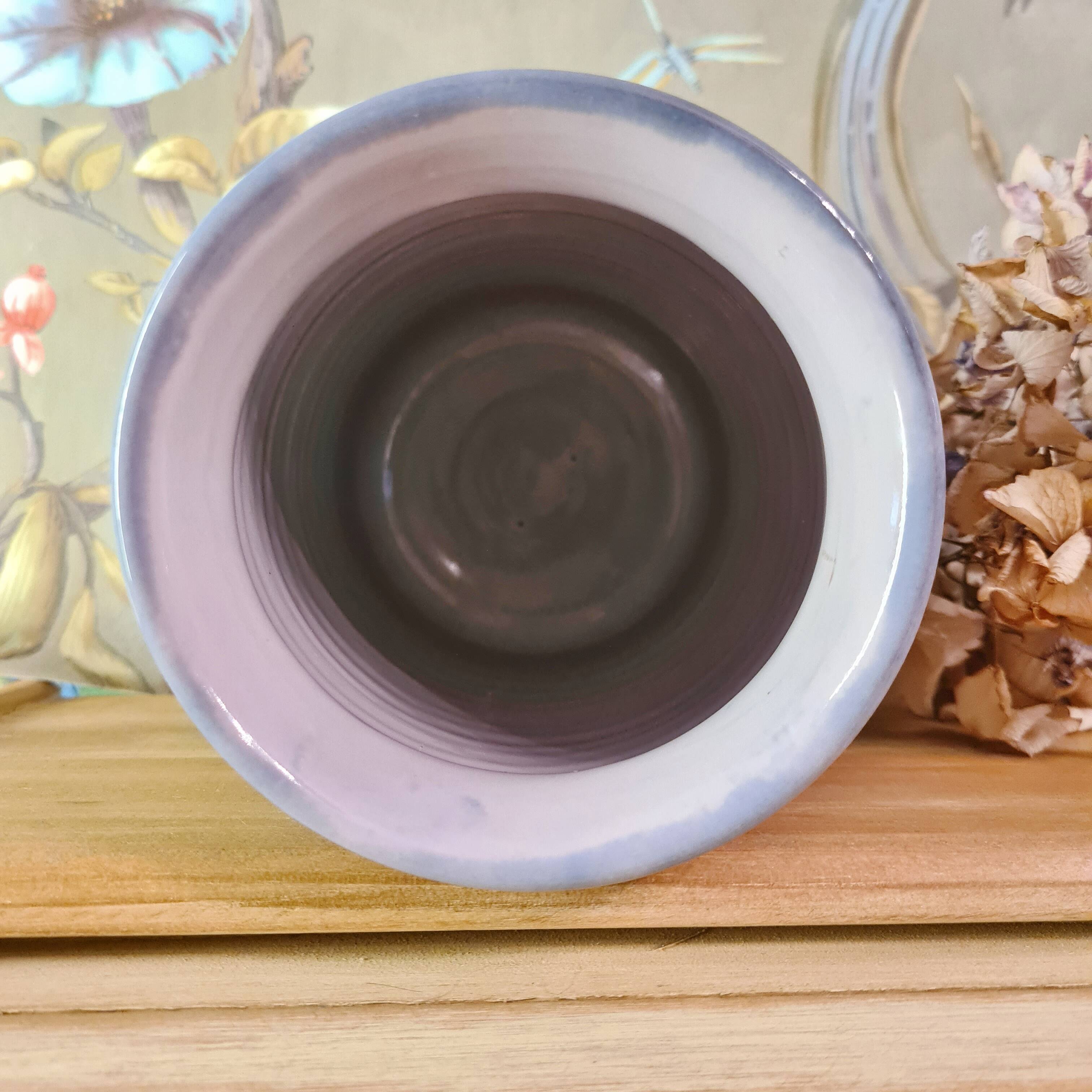 Original vase signed in blue purple glazed terracotta with pink motifs