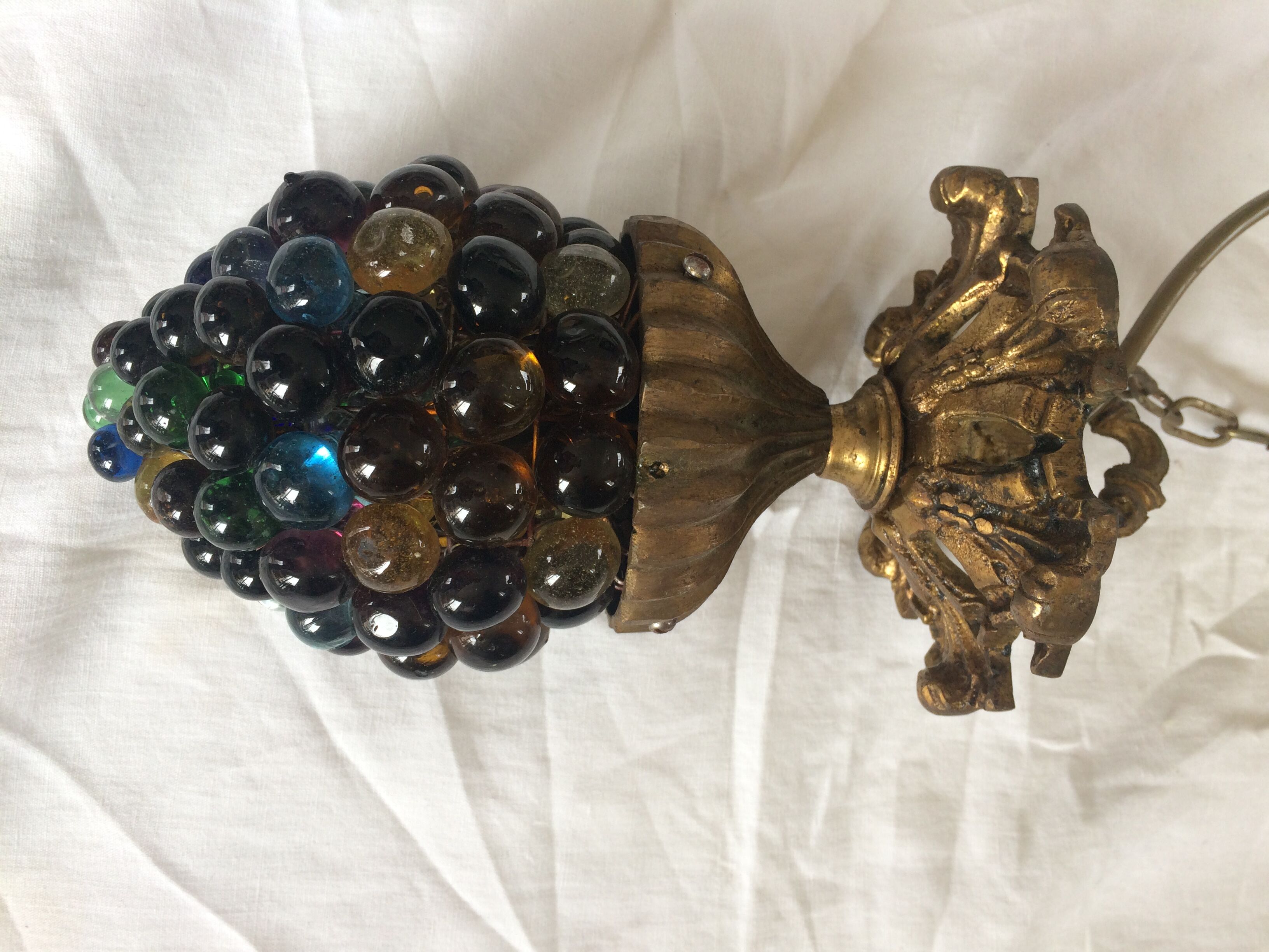 1960s bronze pendant lamp and multicolored glass cluster