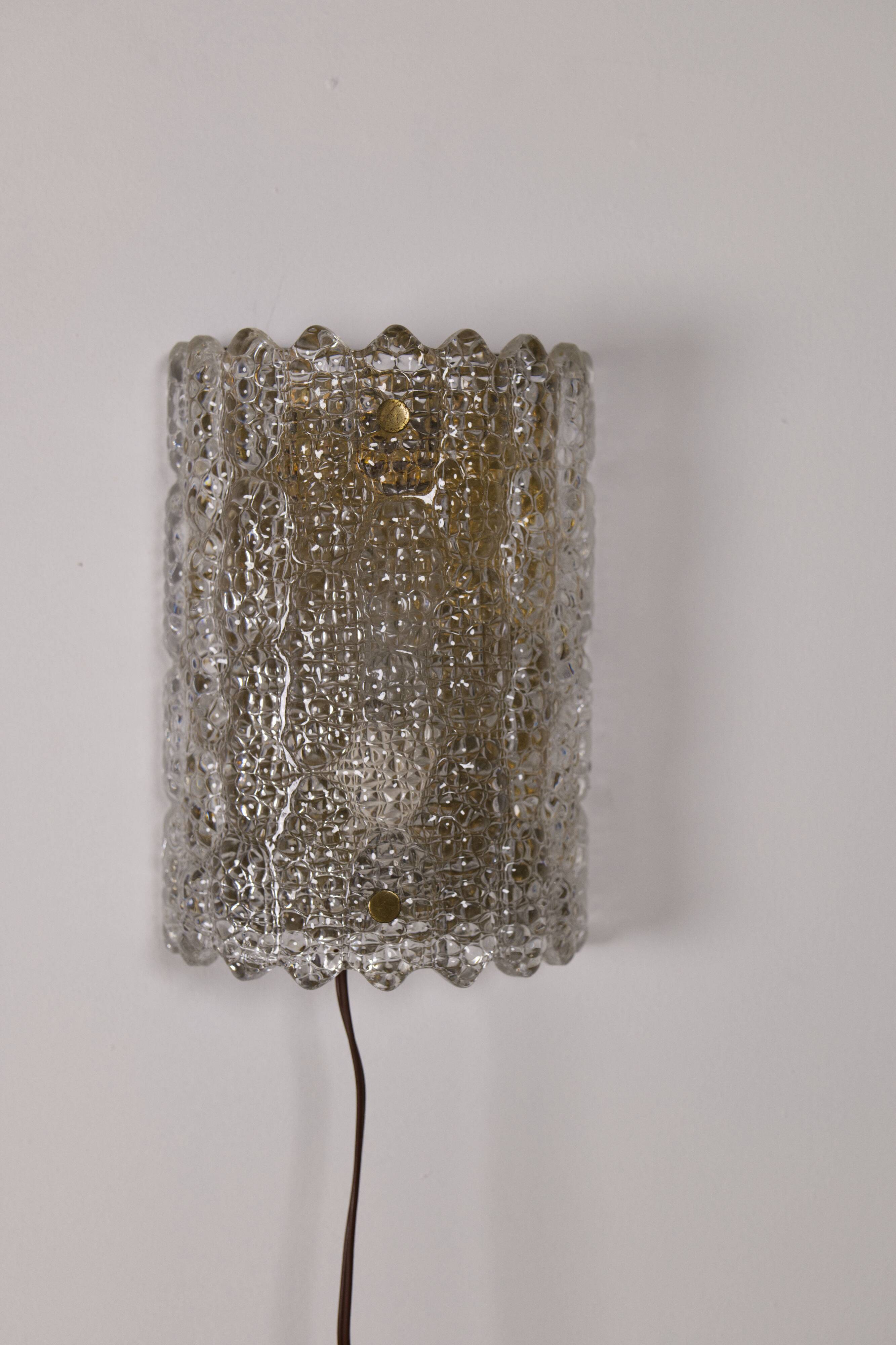 Large pressed glass and brass wall lamp, Denmark, 1960s