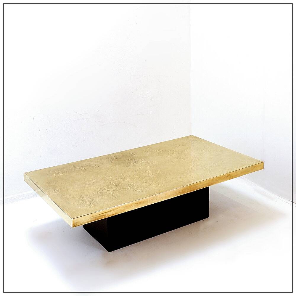 Brass coffee table engraved in the style of Christian Krekels, Belgium 1977.