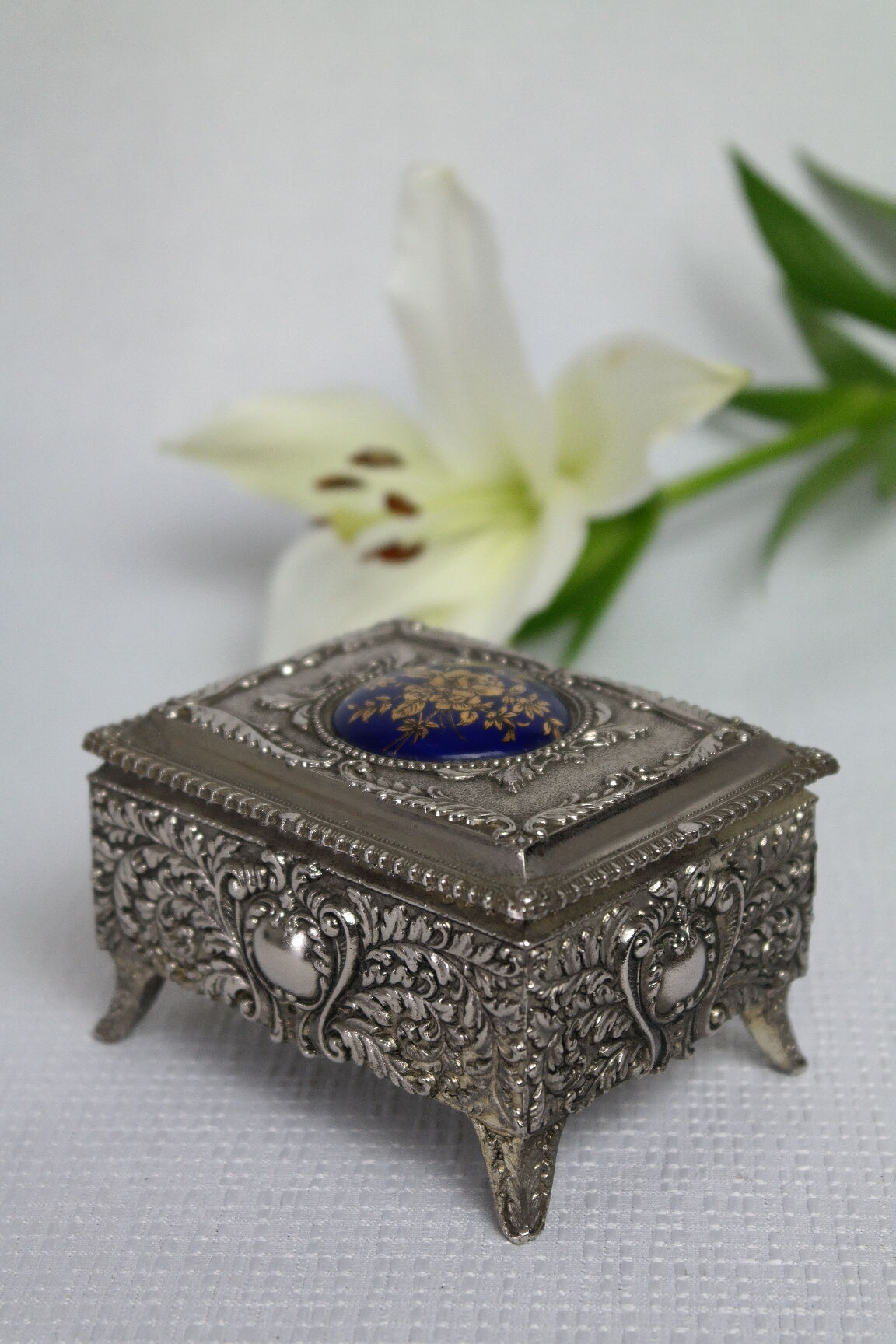 Vintage Silver Metal Jewelry Box Japan