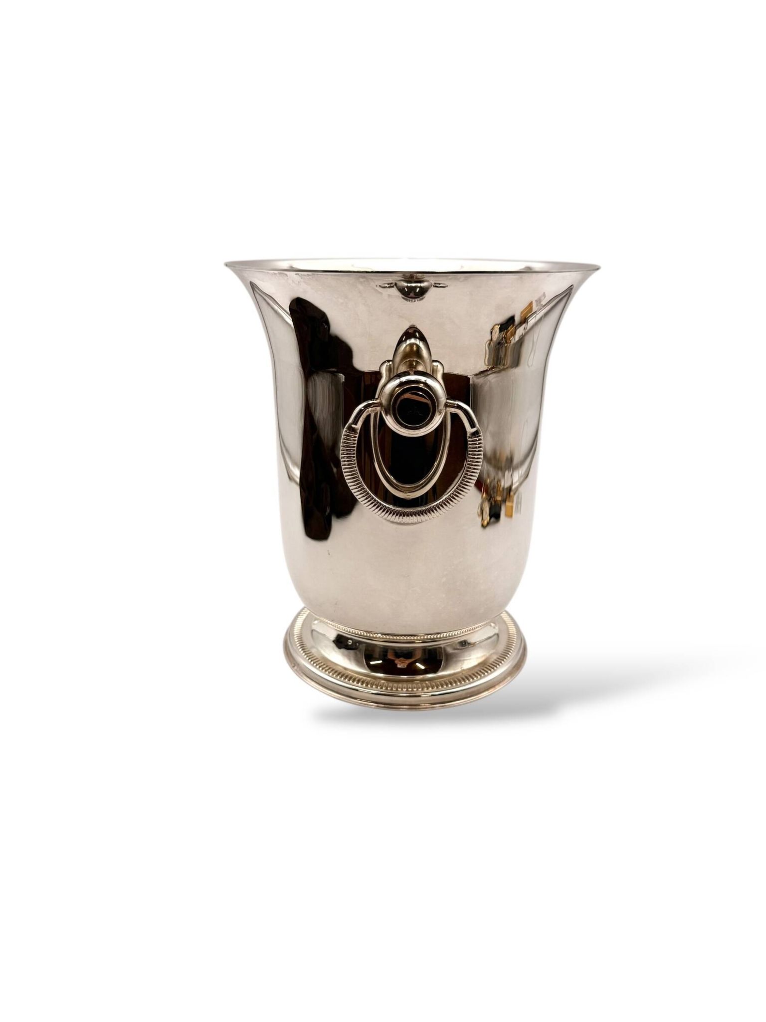 Silver-plated champagne bucket with ring handles.