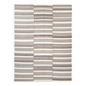 Contemporary Brown & Beige Striped Motifs Vintage Kilim Rug, 226x306Cm