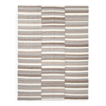 Contemporary Brown & Beige Striped Motifs Vintage Kilim Rug, 226x306Cm