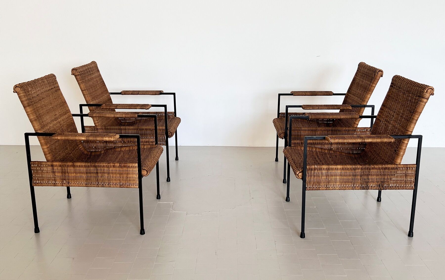 Rattan wicker and iron lounge chairs, set of 4