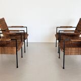 Rattan wicker and iron lounge chairs, set of 4