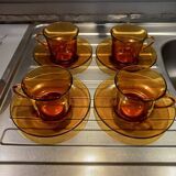 Set of 4 large amber glass cups and saucers