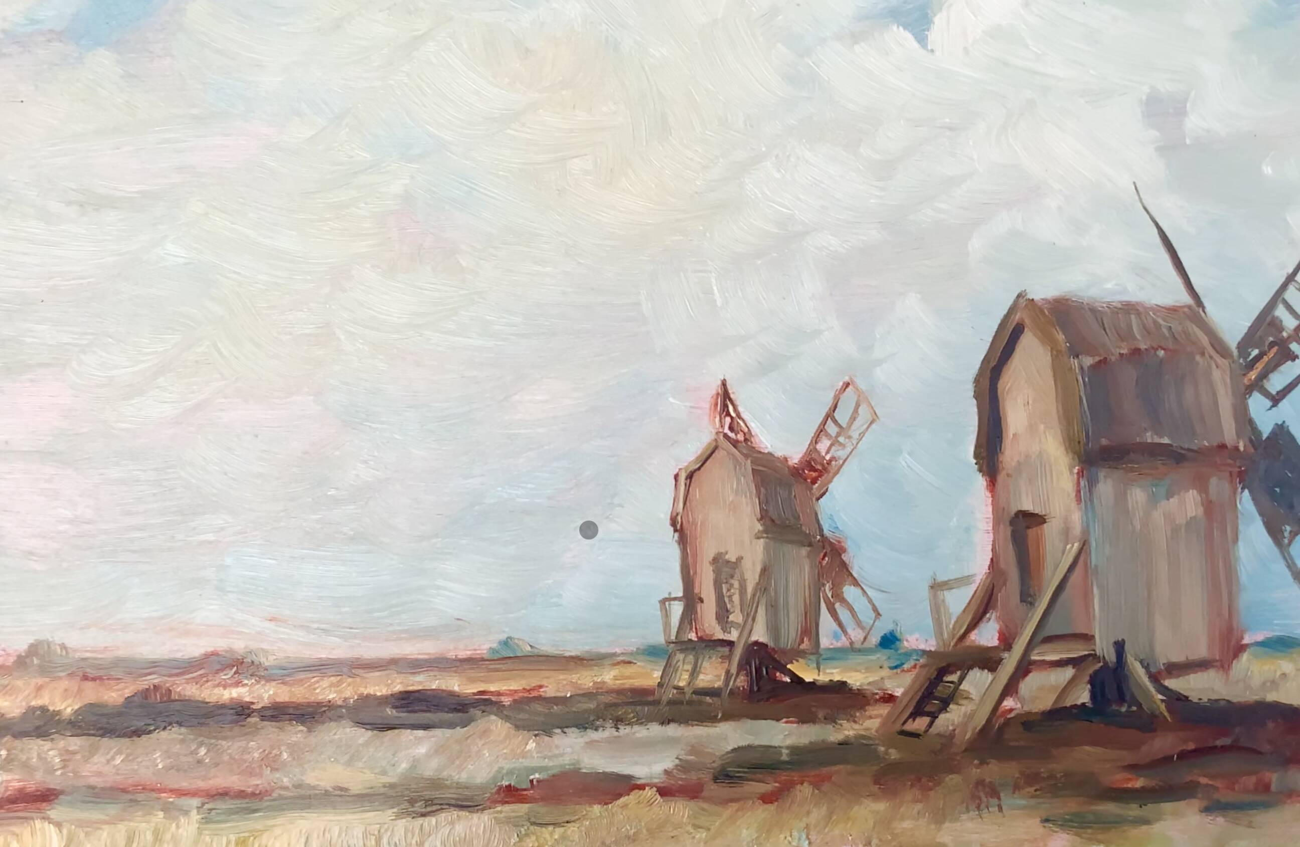 Peinture à l'huile vintage de moulin à vent, signée L.Carlson 1960