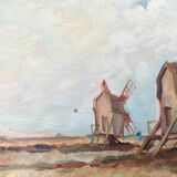 Peinture à l'huile vintage de moulin à vent, signée L.Carlson 1960