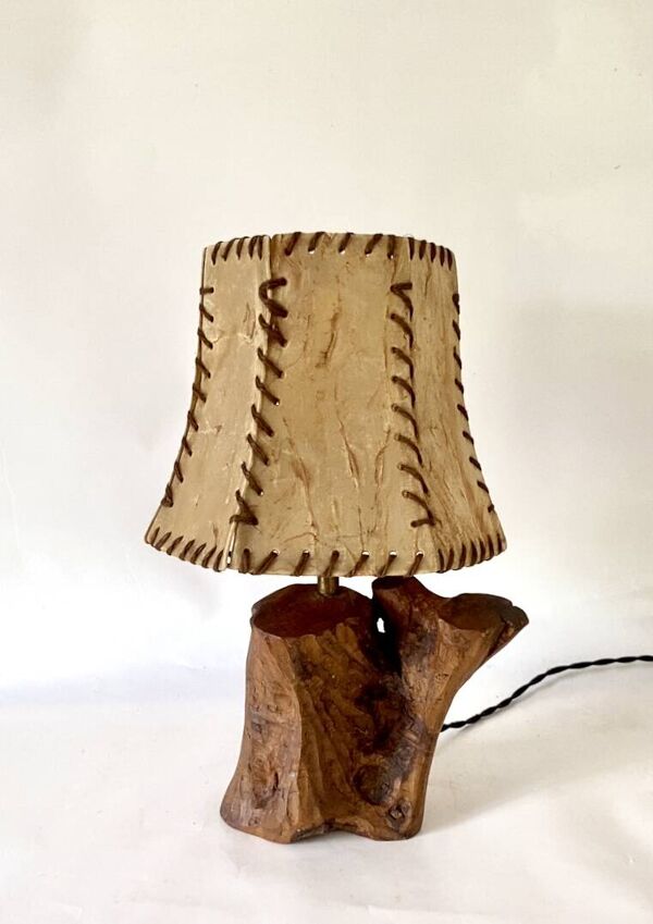 Lampe bois, câble tissu neuf, abat-jour carton