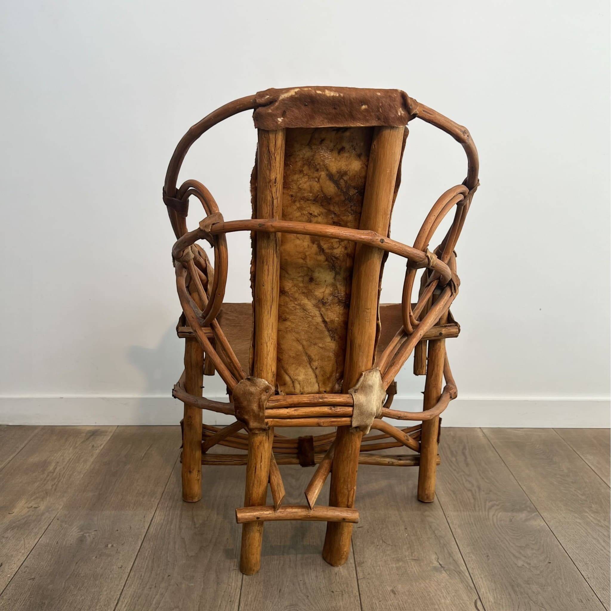 Organic Modernist Armchair in Rattan and Cowhide, Italian Work, A