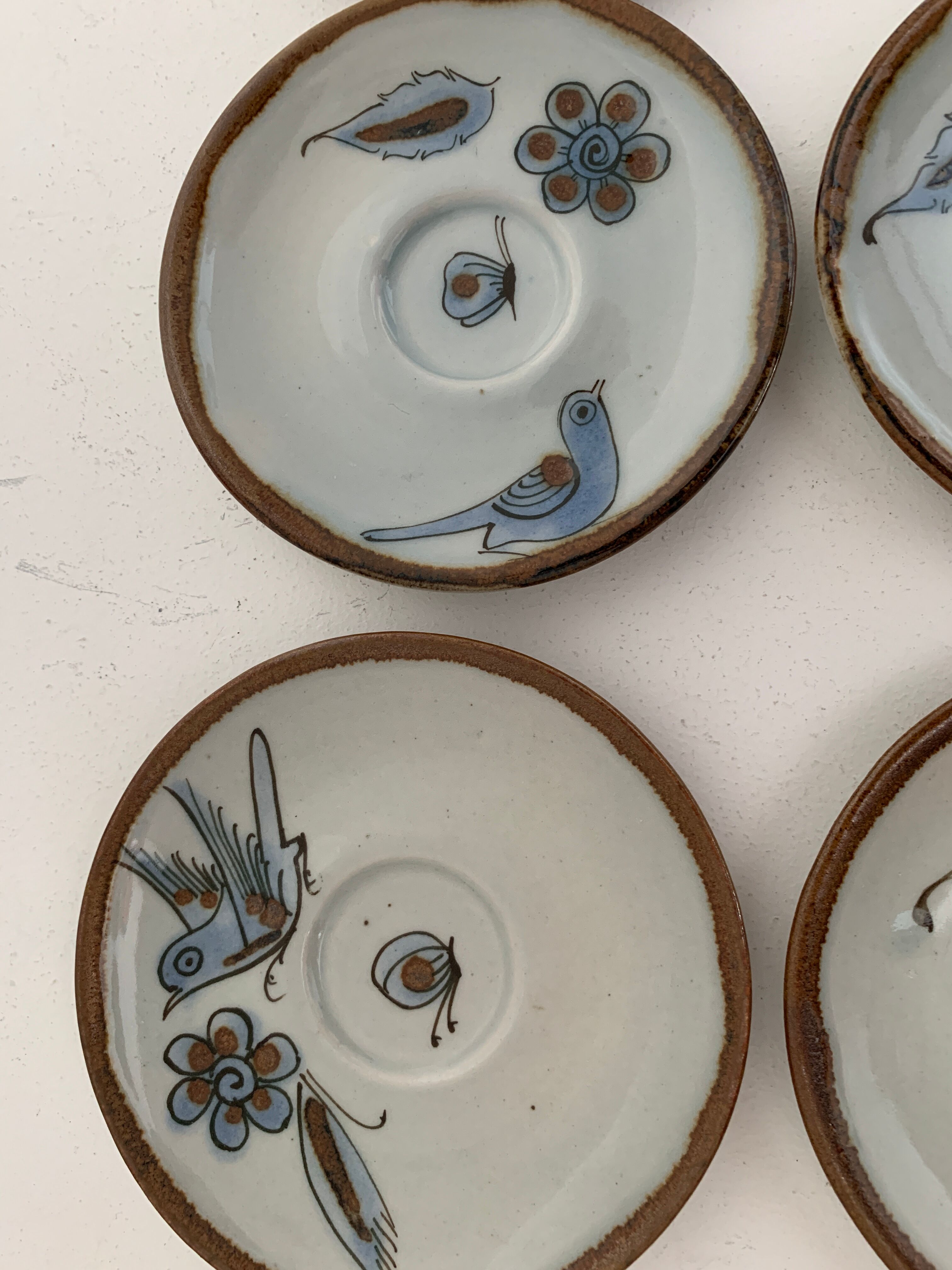 6 ceramic cups Ken Edwards, Tonala, Mexico, with sub cups and sugar