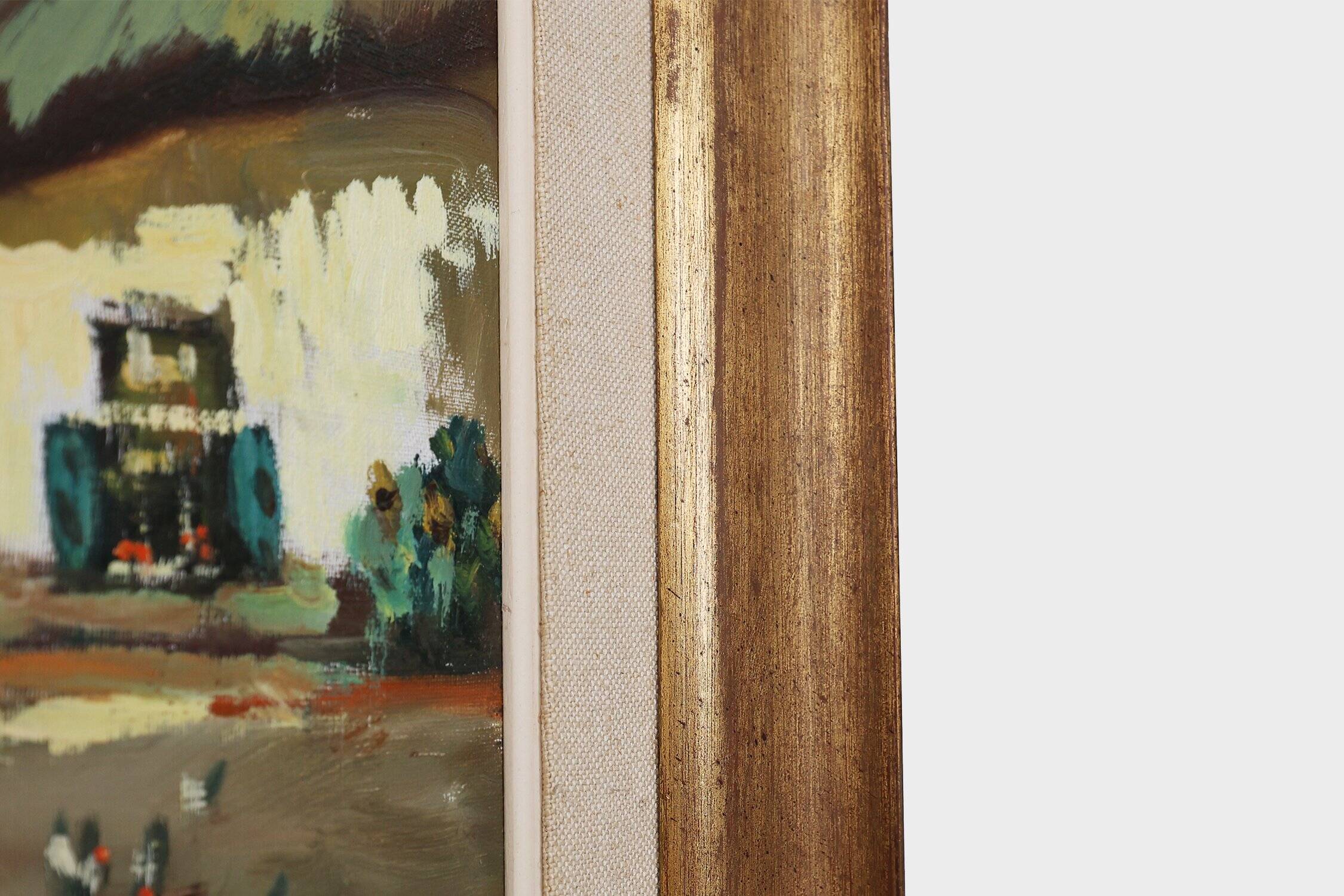 Belgian Painting of a farm scene with gilded wooden frame by Jos Pauwels, 1