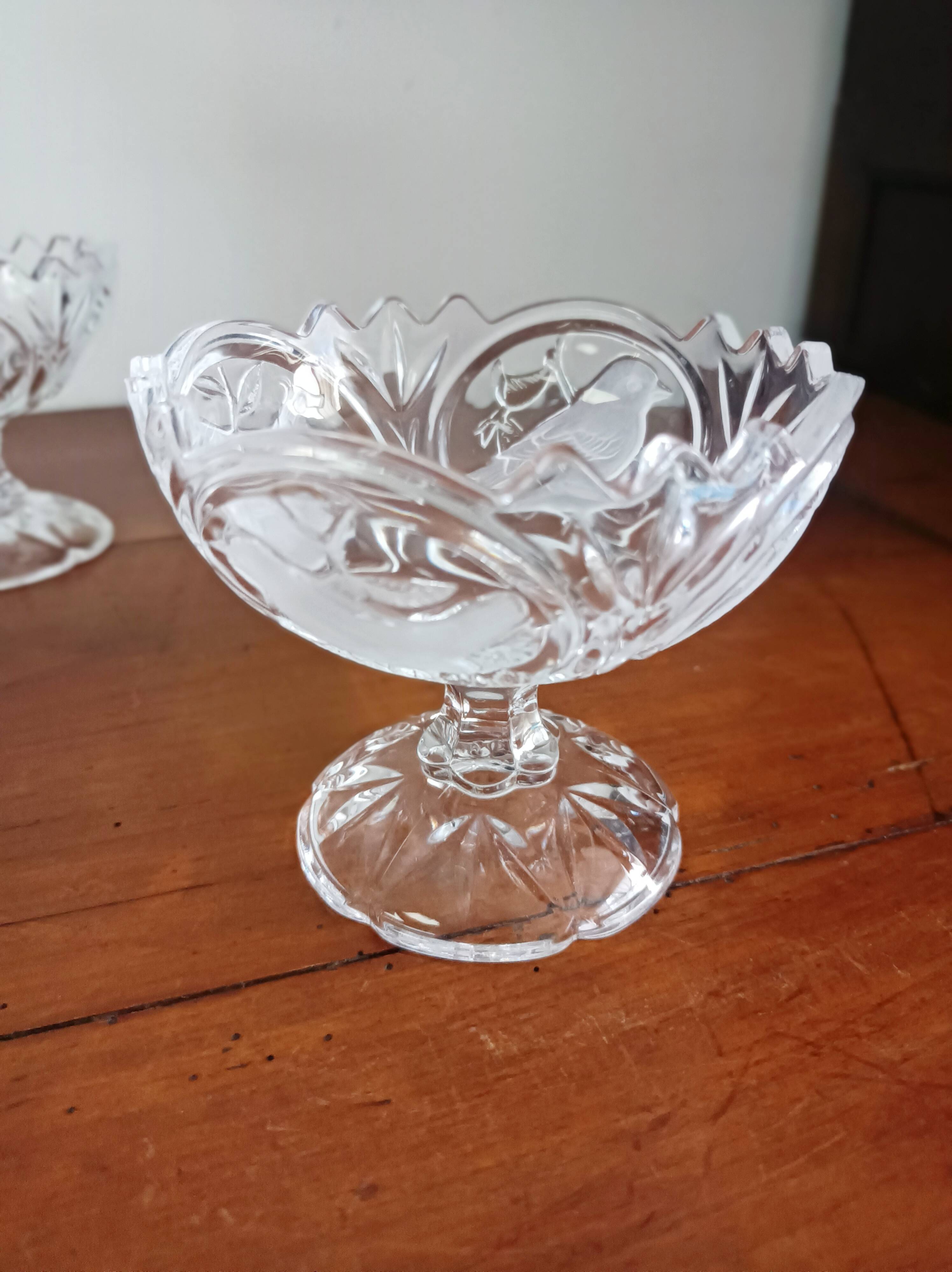 Set of 7 Arques crystal dessert bowls, Passereaux, bird decor