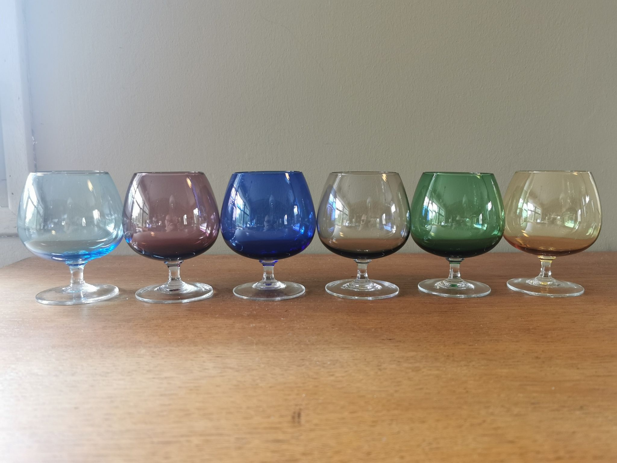 Set of 6 vintage multicoloured stemmed glasses