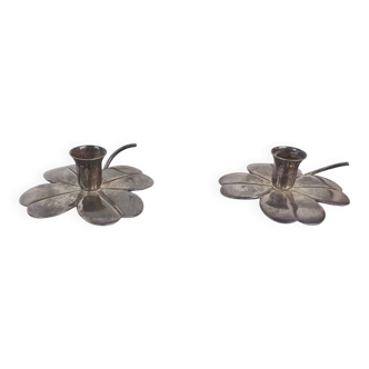 Two silver clover candleholders by Carl Frederik Christiansen, Denmark