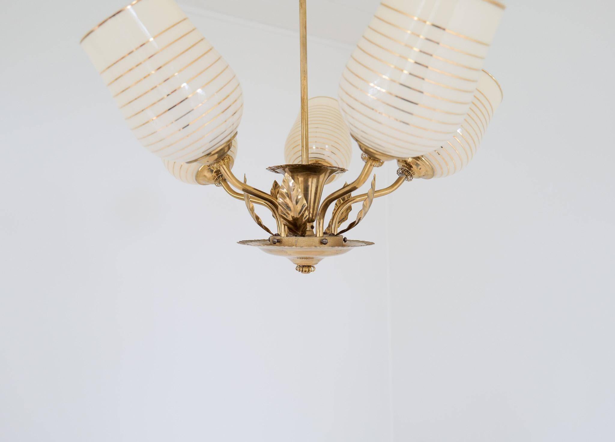 Mid-century brass and glass pendant light by Sario, Finland, 1950s.