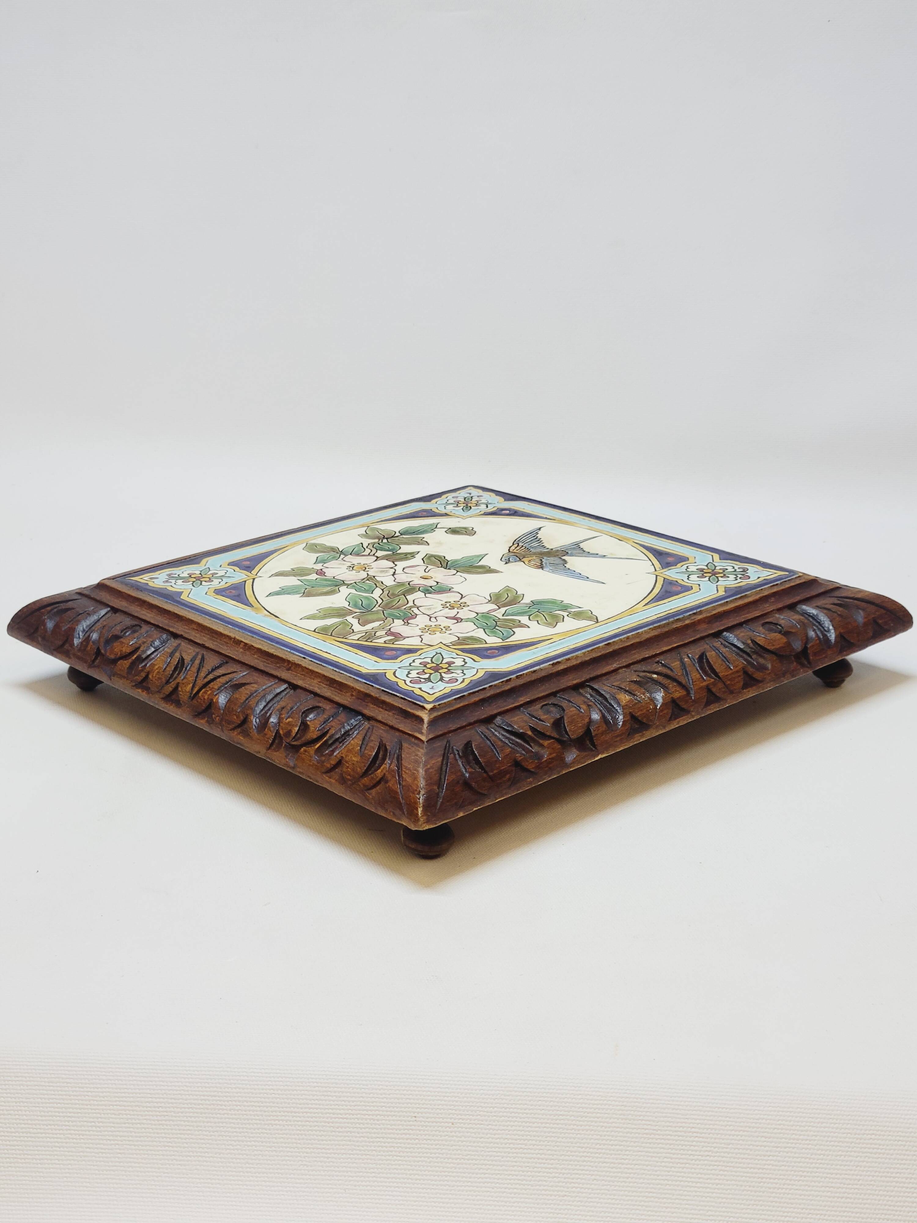 Longwy Trivet with Doorbell, Glazed Earthenware Tile and Wooden Frame