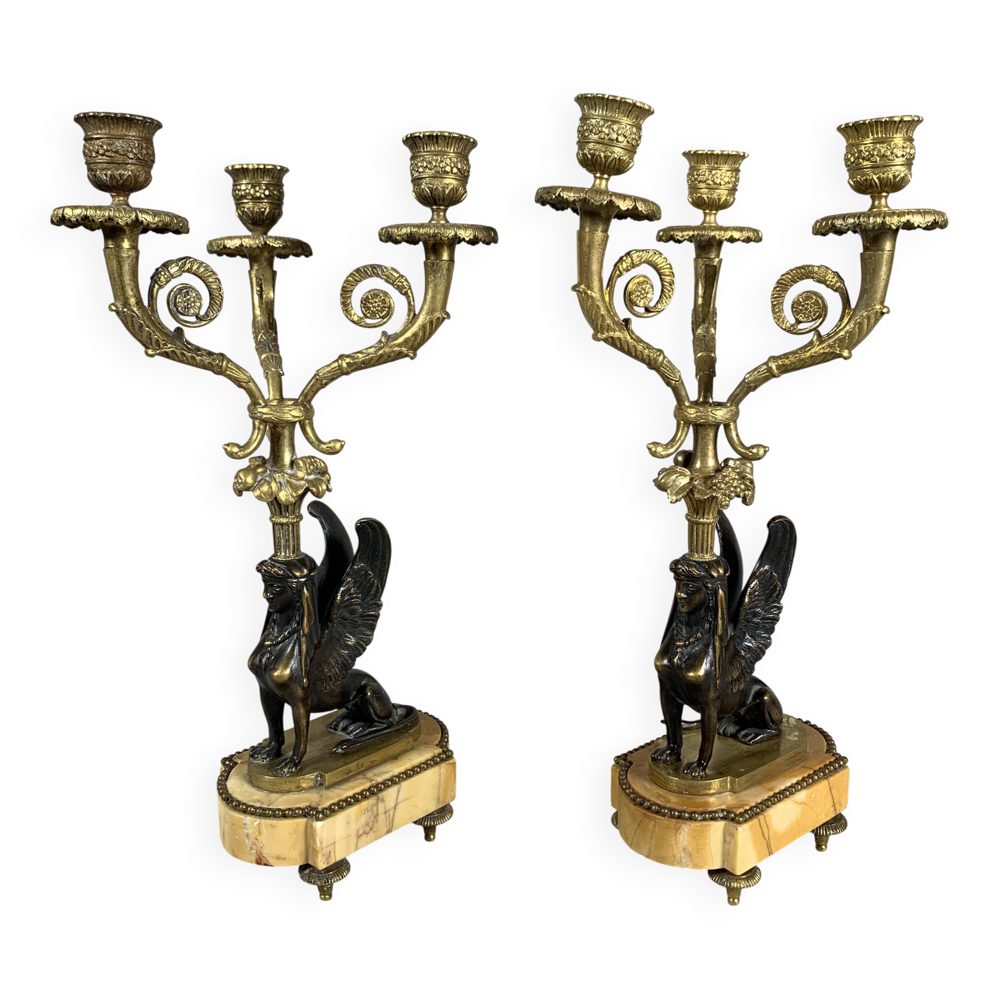 Paire De Candelabres Aux Sphinges En Bronze Dore,  XIXeme Siècle