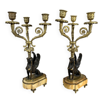 Paire De Candelabres Aux Sphinges En Bronze Dore,  XIXeme Siècle