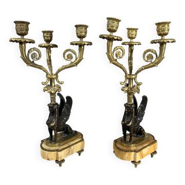 Pair of Candelabra with Sphinxes in Gilded Bronze, 19th Century