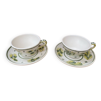 Pair of antique quimper hb ceramic cups vintage flower decor #b285
