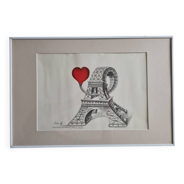 Offset lithograph signed by Mario Astrit Repage - Stylized representation of the Eiffel Tower with c