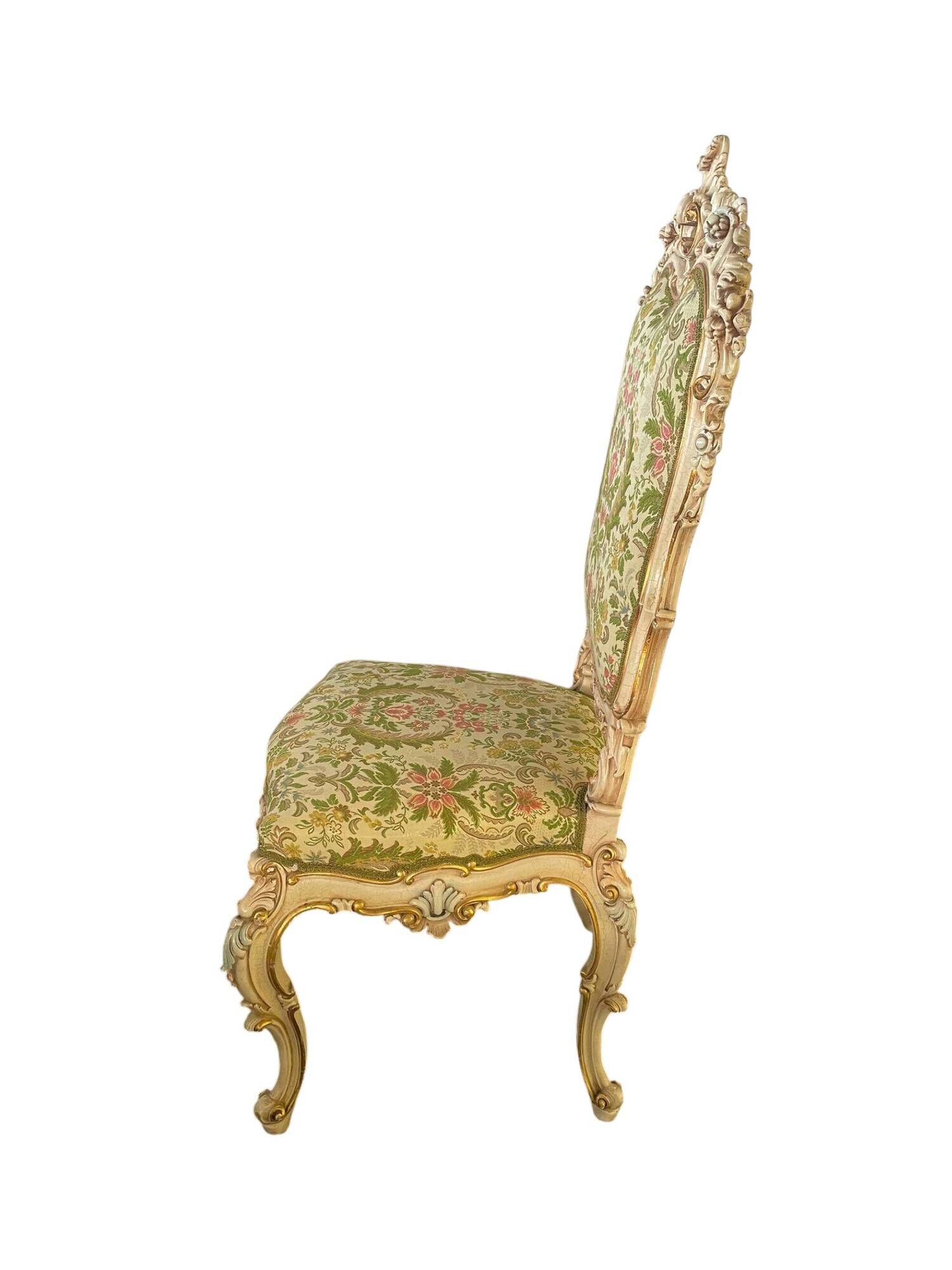 Set of 4 Venetian style sculpted wooden chairs, cream and gold, Italy.