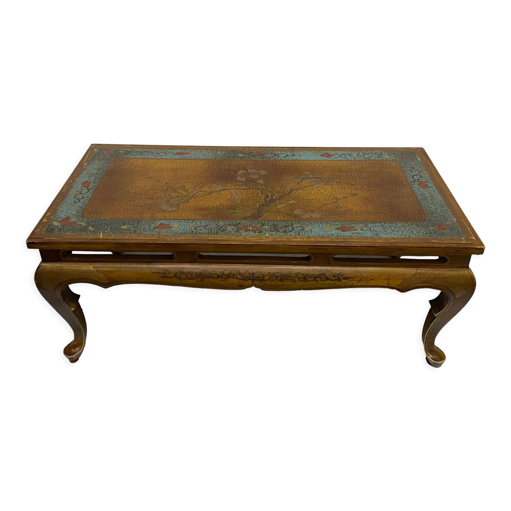 Chinese, Asian wooden coffee table nature peacock scene