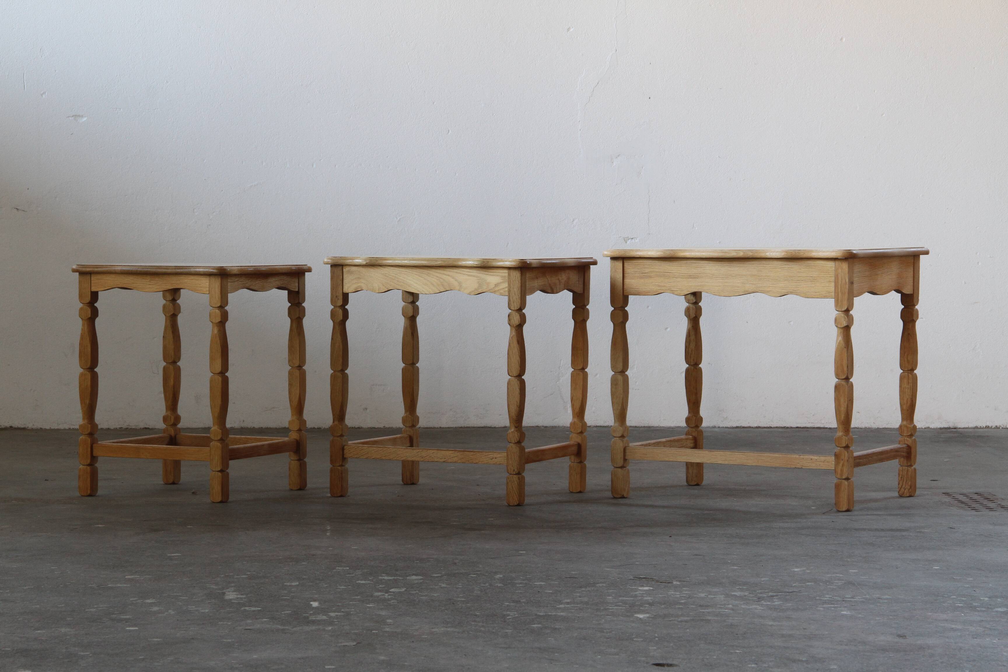 Vintage 1970s set of 3 Nesting / Stacking Oak Tables, style of Henning Kjær