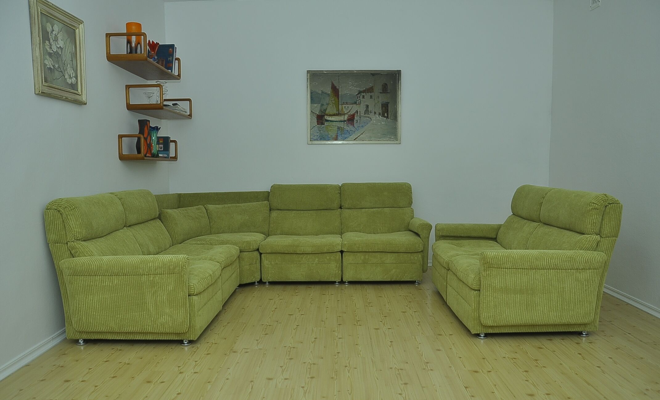Green corduroy modular sofa from the 70s, 7 pieces