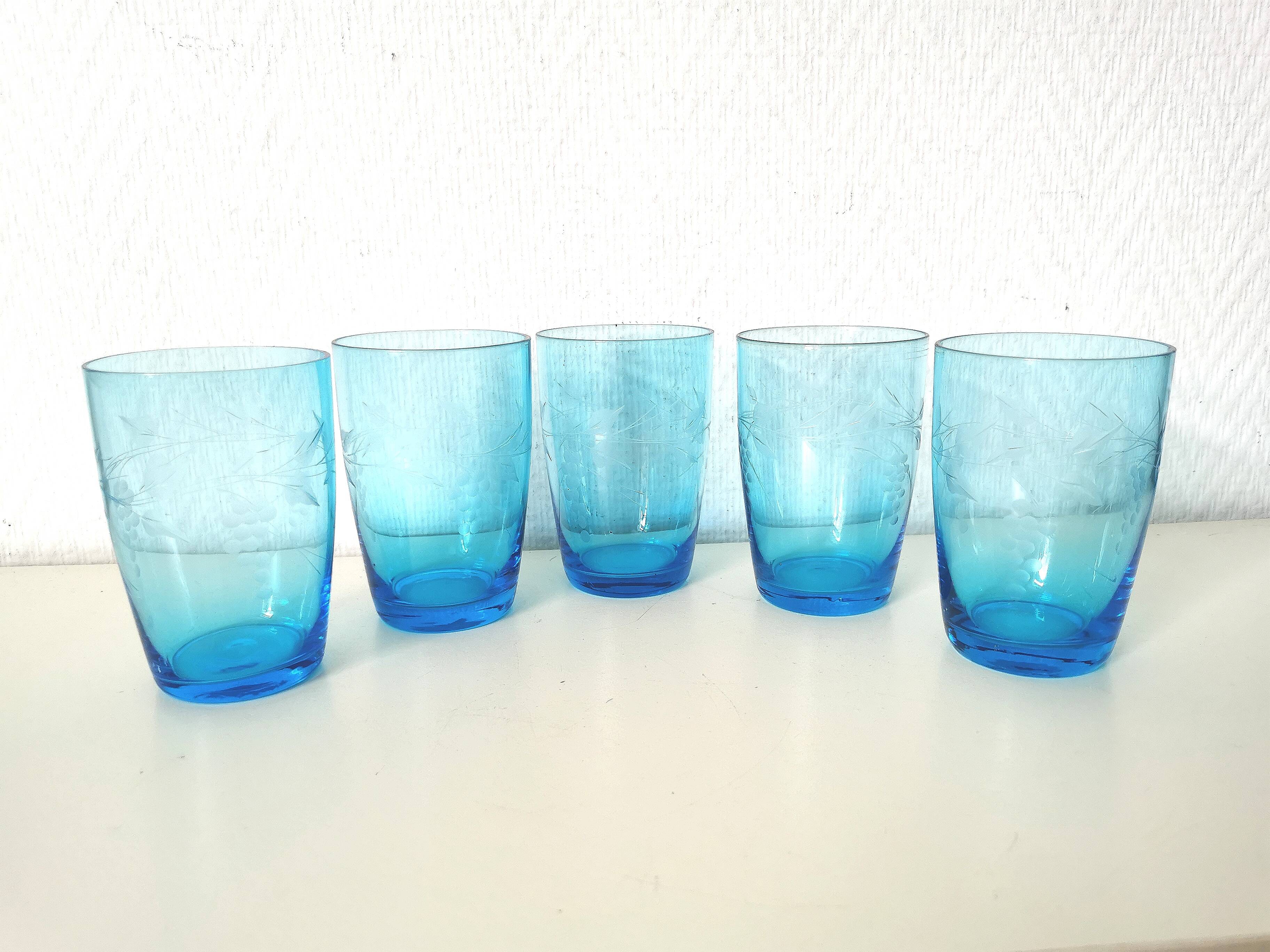 blue etched glass water/lemonade glass