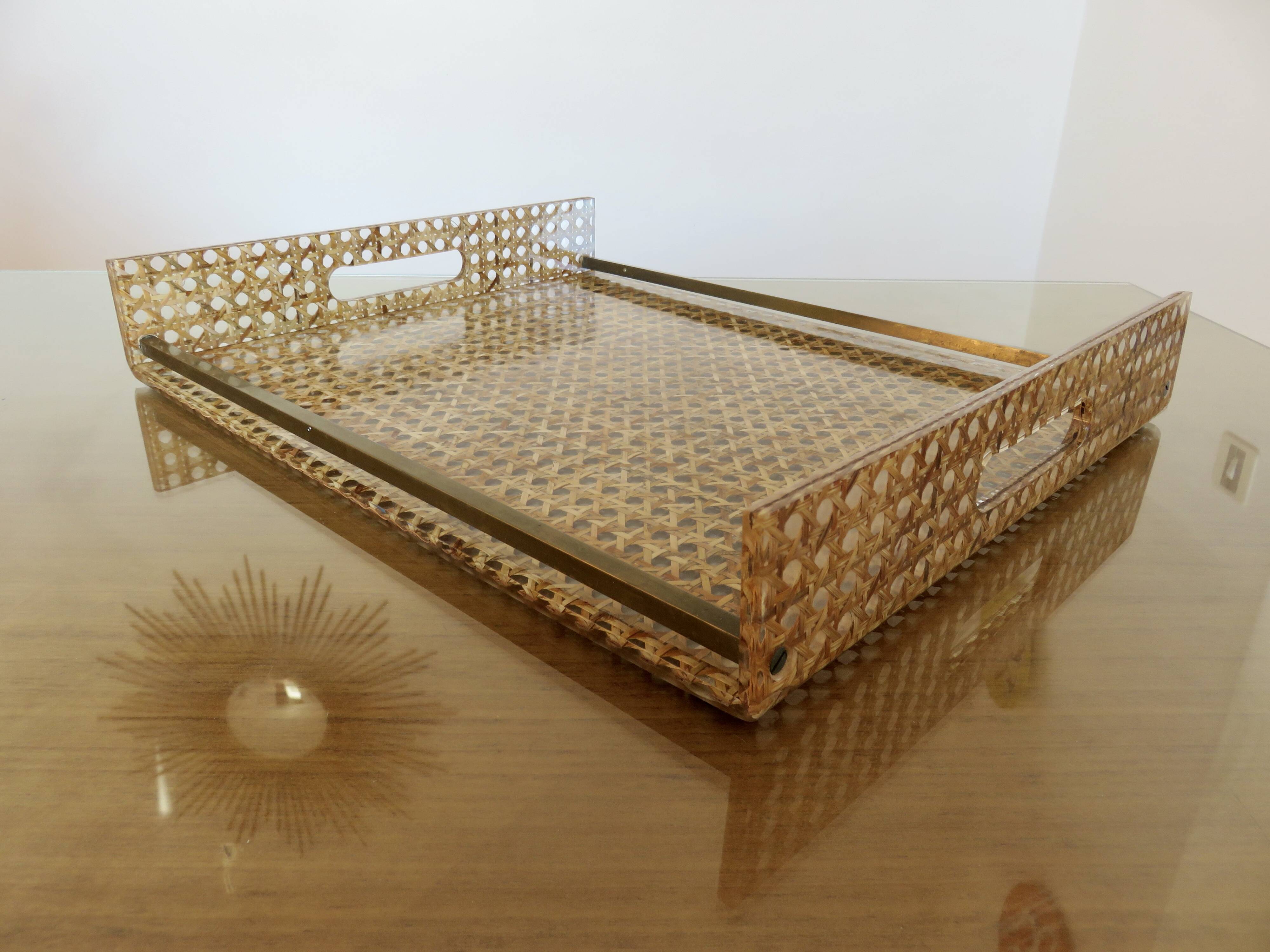 Plateau 'CHRISTIAN DIOR' plexiglass, canework and brass, 1970, lucite