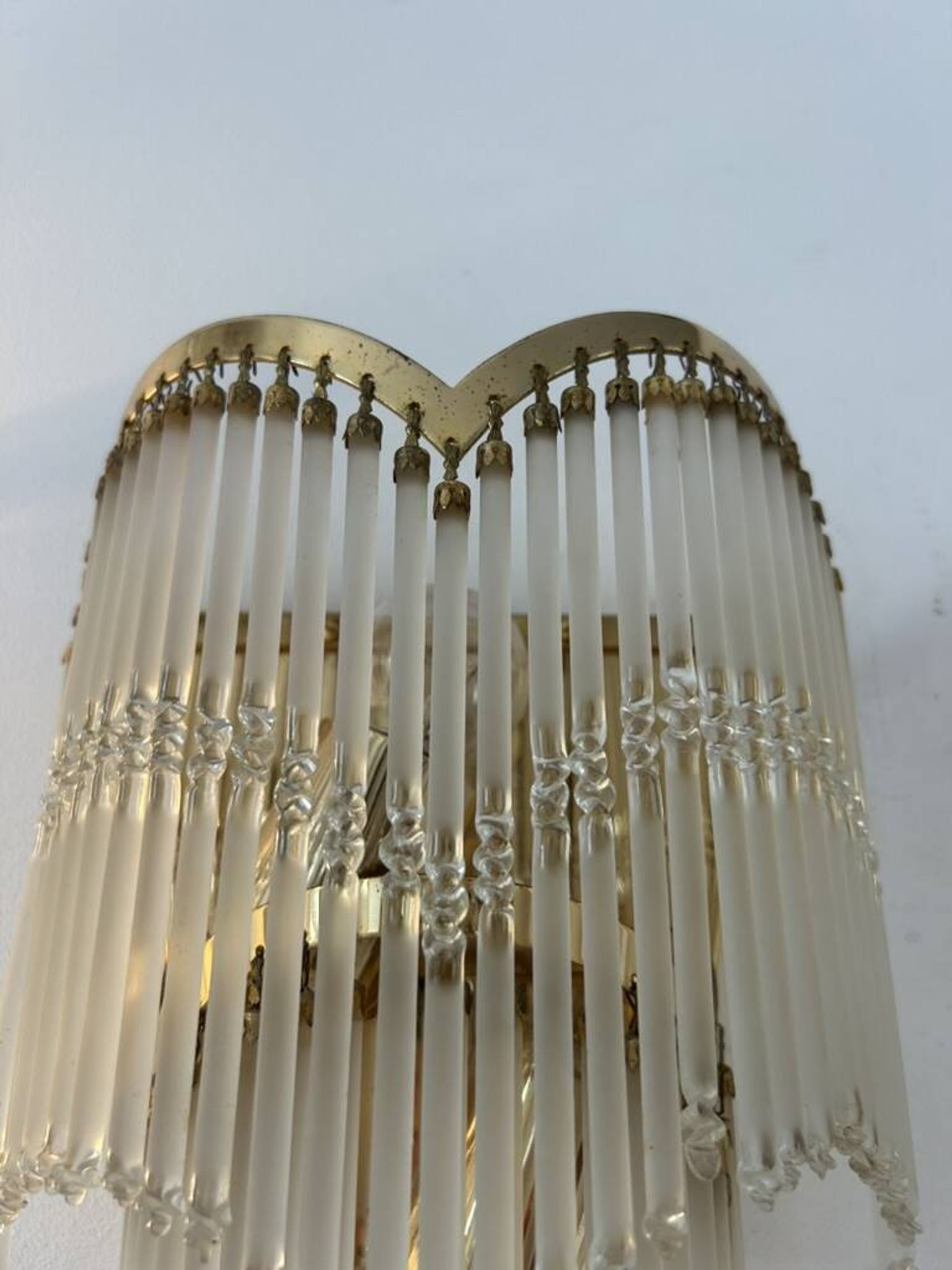Pair of vintage wall lights, brass and glass pendants, Italy 1970.