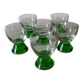 6 Ouralin green pyramidal round stem liqueur glasses