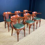 Set of 6 bistro armchairs in Plamette and green skai from the 80s France