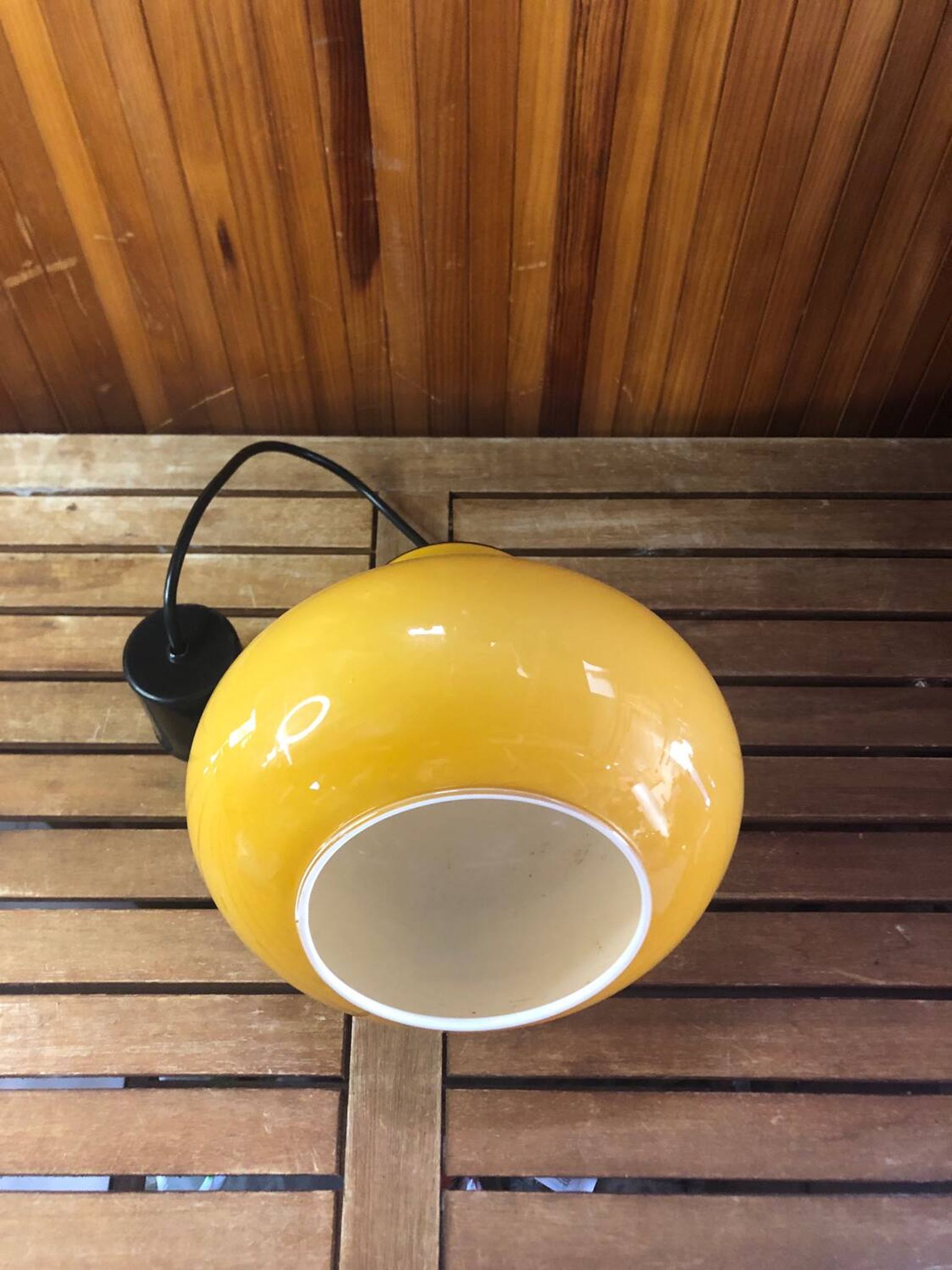 Old Yellow Opaline Pendant Light White Interior 1970s Vintage #A380